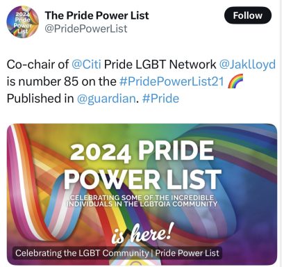 2024 Pride Power List white text on rainbow background 